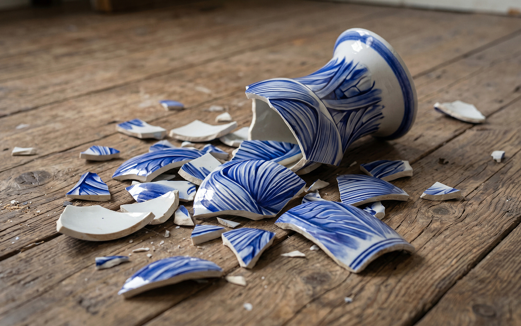 Shattered blue and white ceramic vase scattered across a wooden floor, with broken pieces spread around the damaged vessel.