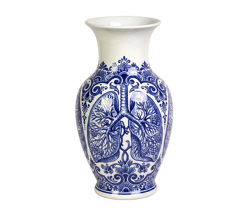 Blue and white ceramic vase featuring detailed anatomical illustrations of the lungs surrounded by ornate floral patterns.