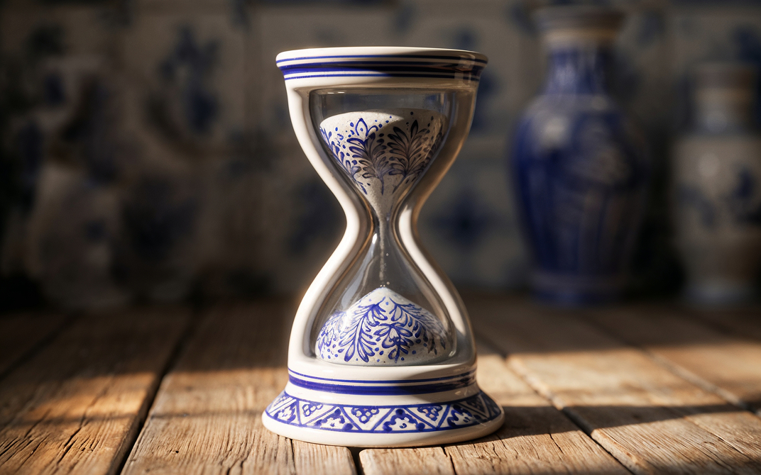 Blue and white ceramic hourglass with sand chambers placed on a wooden surface, set against a blurred wall decorated in blue and white patterned wallpaper.