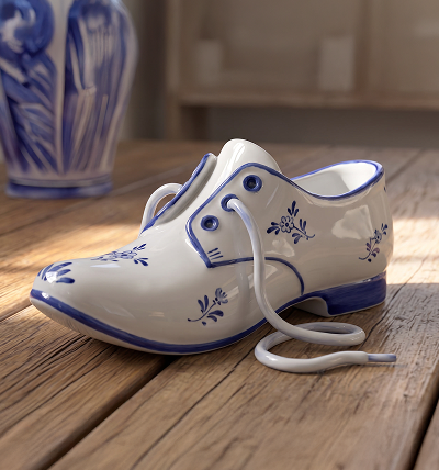 Blue and white ceramic laceup shoe with loose lace placed on a wooden surface.