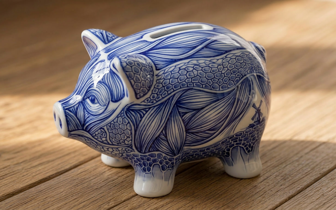 Blue and white ceramic piggy bank placed on a wooden surface.