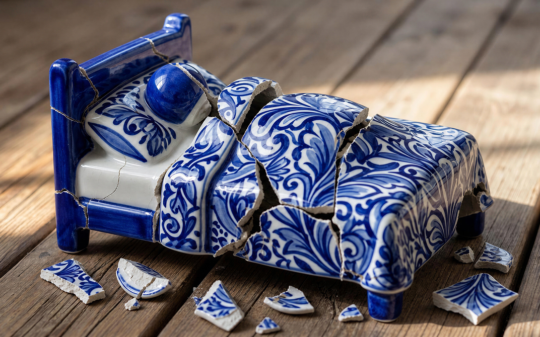Broken blue and white ceramic miniature bed shattered into multiple pieces on a wooden surface, with cracks and fragments scattered around it.