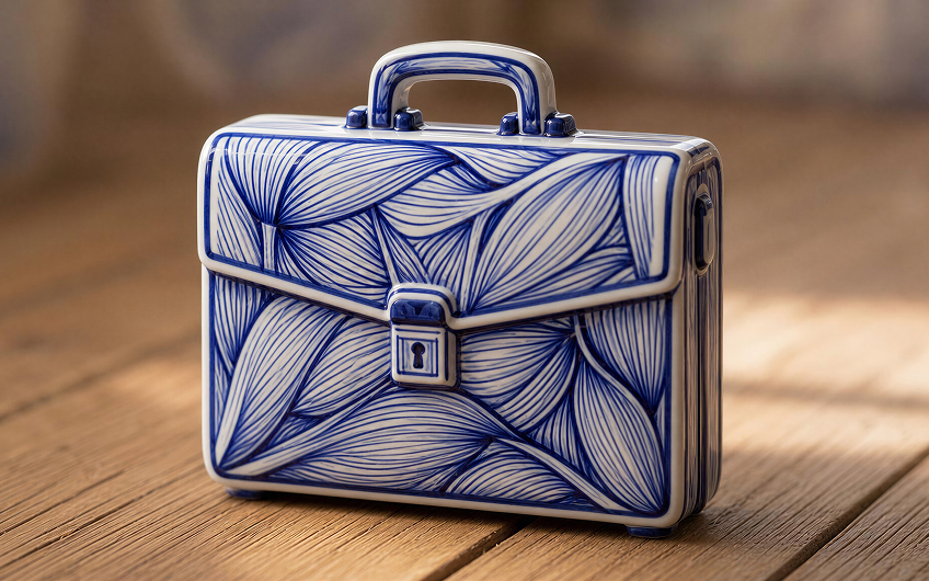 Blue and white ceramic briefcase placed on a wooden surface.