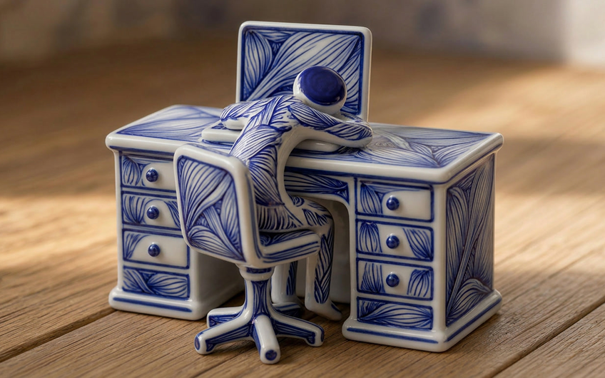 Blue and white ceramic figurine slumped over a ceramic miniature desk set with an open laptop.