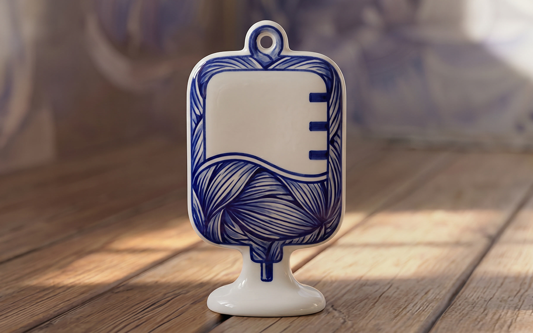 Blue and white ceramic IV bag ornament placed on a wooden surface.