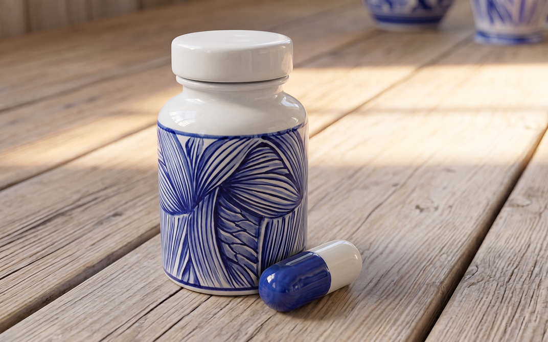 Blue and white ceramic medicine bottle with anatomical muscle-pattern decoration beside a blue-and-white capsule on a wooden surface.