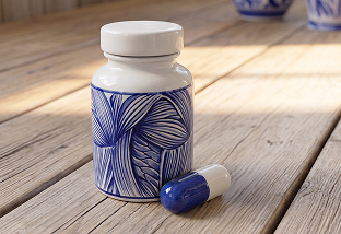 Blue and white ceramic medicine bottle with anatomical muscle-pattern decoration beside a blue-and-white capsule on a wooden surface.