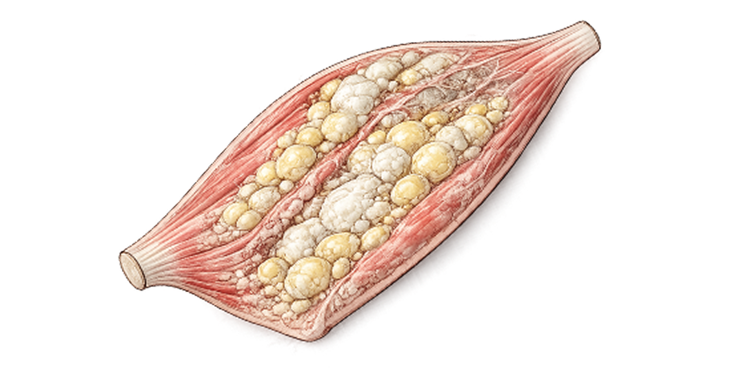 Cross-sectional illustration of a muscle infiltrated with large clusters of fatty tissue.