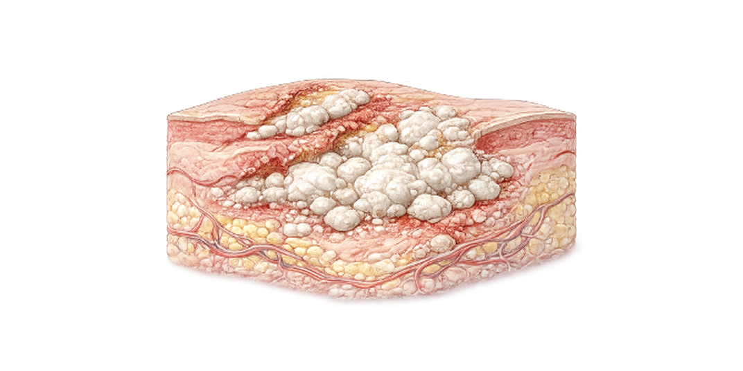 Cross-sectional illustration of skin tissue with raised, dense white deposits and inflammation.