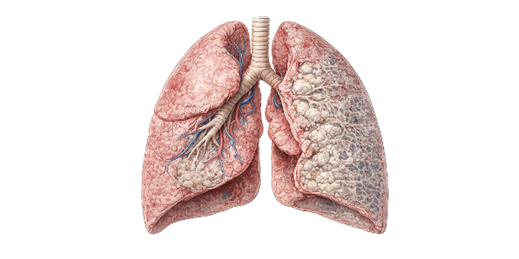 Illustration of lungs with widespread white fibrotic tissue and inflamed areas, showing interstitial lung disease.