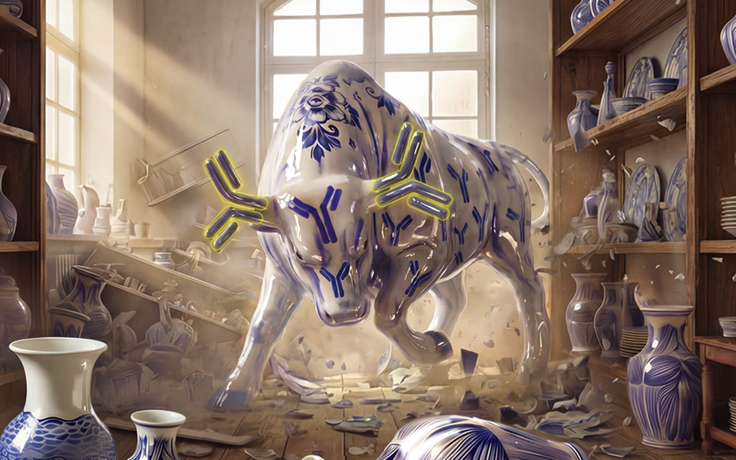 Illustration of a charging bull decorated with antibody symbols, and a yellow glow around his horns, crashing through a room filled with blue and white ceramic pottery, with broken shelves and shattered vases scattered across the floor.