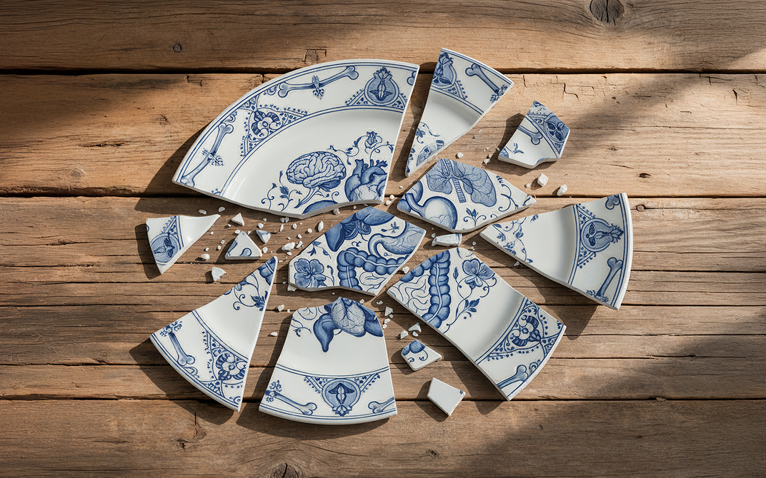 Broken blue and white ceramic plate scattered across a wooden floor, with fragments showing anatomical illustrations of the brain, lungs, intestines, liver, and other organs.