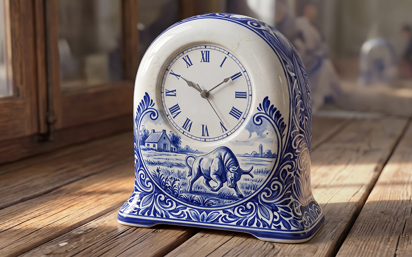 Blue and white ceramic mantel clock with Roman numerals and a pastoral bull illustration on a wooden surface.