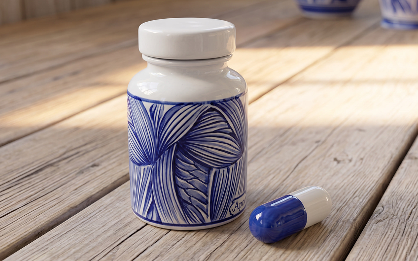 Blue and white ceramic medicine bottle with anatomical muscle-pattern decoration beside a blue-and-white capsule on a wooden surface.