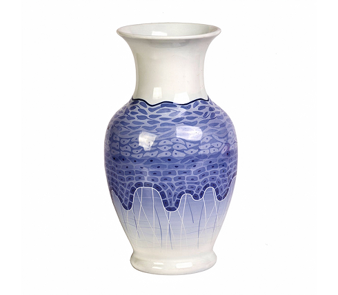 Blue and white ceramic vase decorated with stylized layers of skin cells in blue gradient patterns.