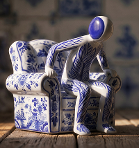 Blue and white ceramic figurine in position to get up from a chair.
