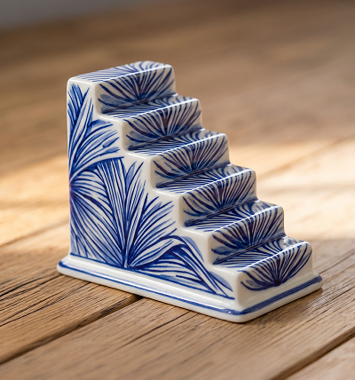 Blue and white ceramic staircase figurine on a wooden surface.
