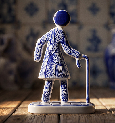 Blue and white ceramic figurine of a person walking with a cane on a wooden surface.