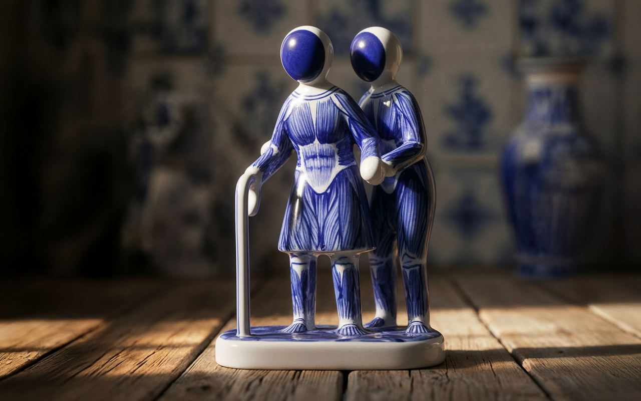 Blue and white ceramic figurines of two people, one using a walking cane while the other provides support. The figurines are placed on a wooden surface.