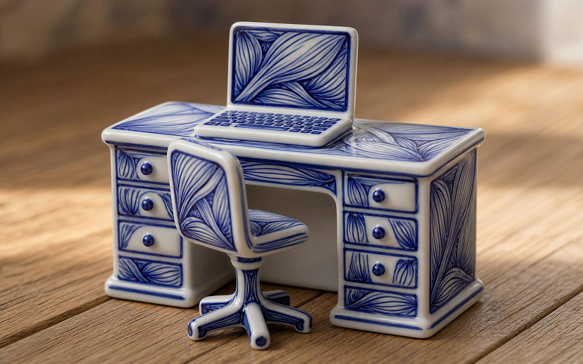 Blue and white ceramic miniature desk set with drawers, chair, and open laptop on a wooden surface.