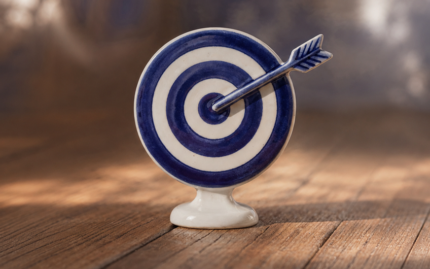 Blue and white ceramic dart board with an arrow hitting the bullseye, displayed on a wooden surface.