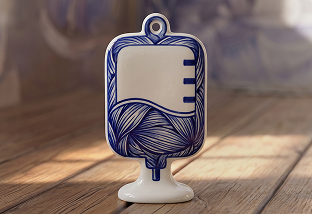 Blue and white ceramic IV bag ornament placed on a wooden surface.