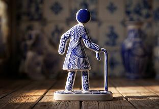 Blue and white ceramic figurine of a person walking with a cane on a wooden surface.