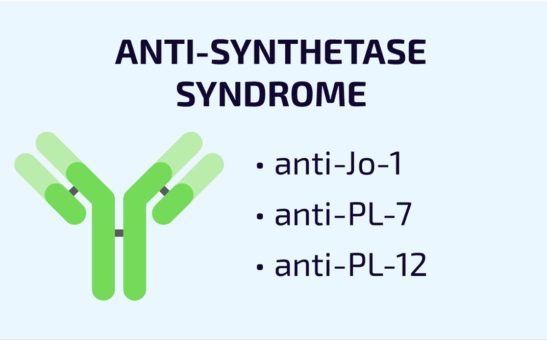 Graphic labeled “Anti-Synthetase Syndrome” with a green antibody icon and bullet points listing anti-Jo-1, anti-PL-7, and anti-PL-12.