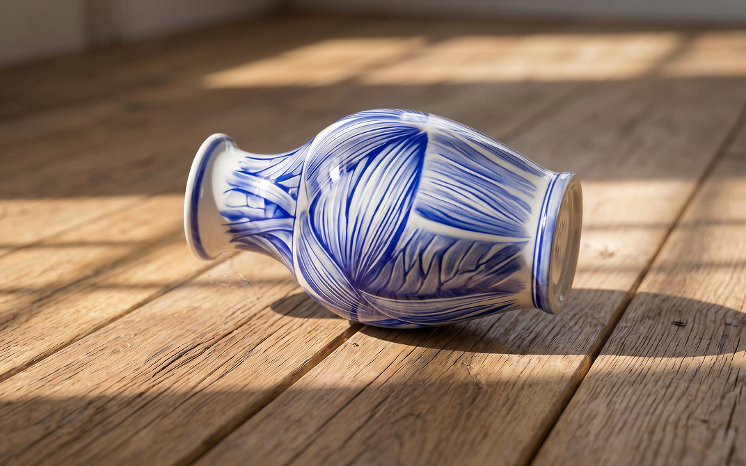 Blue and white ceramic vase decorated with anatomical muscle illustrations lying on its side on a wooden floor.